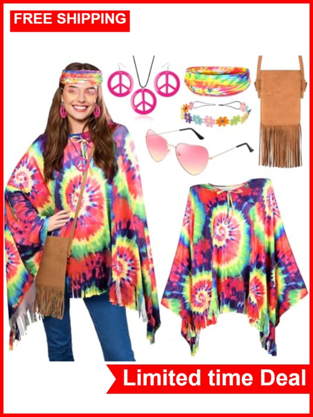 Women's 70s Hippie Costume Accessories Set Tie Dye Poncho Fringe Bag